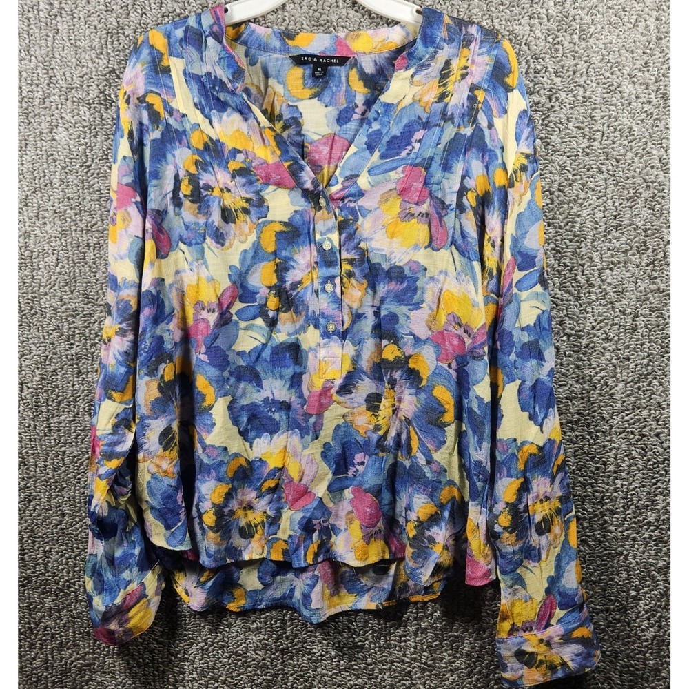Zac & Rachel Blouse Blue Floral Henley Rayon Top Womens XL
